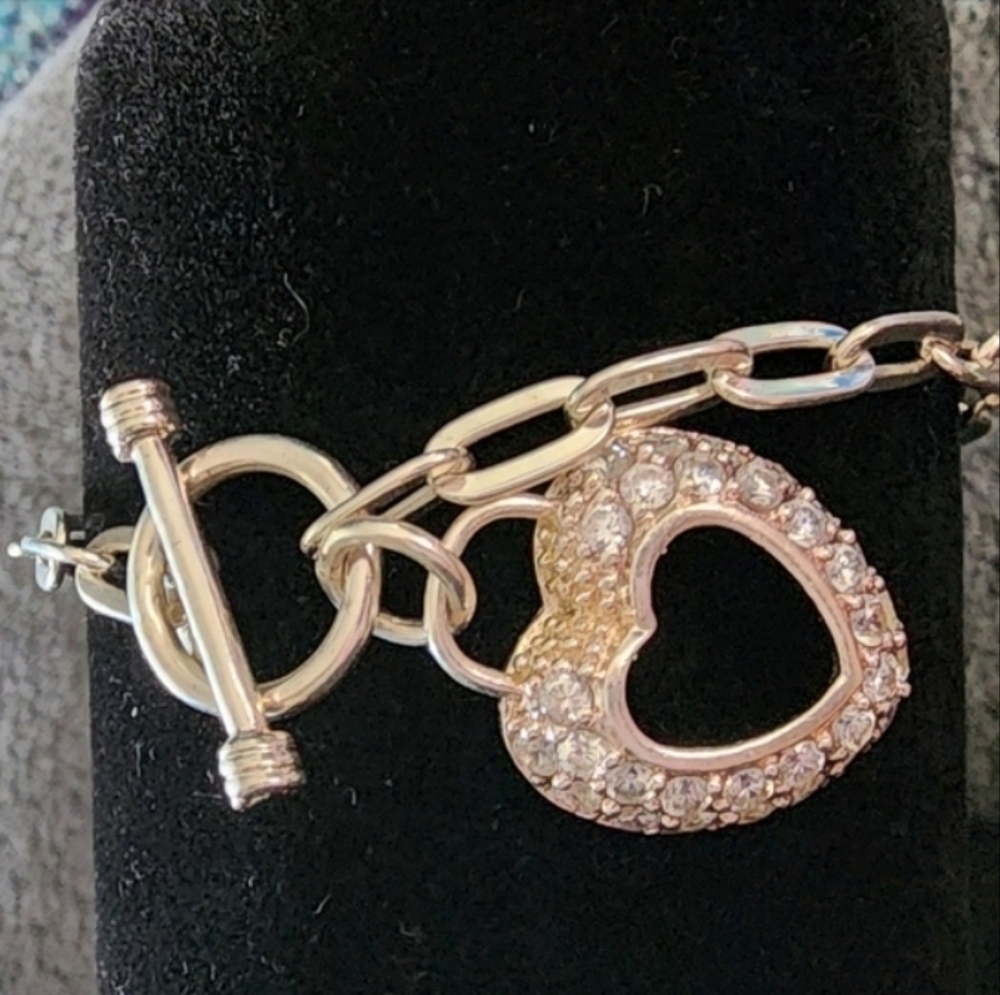 Silvertone Bracelet Heart Charm Rhinestone
